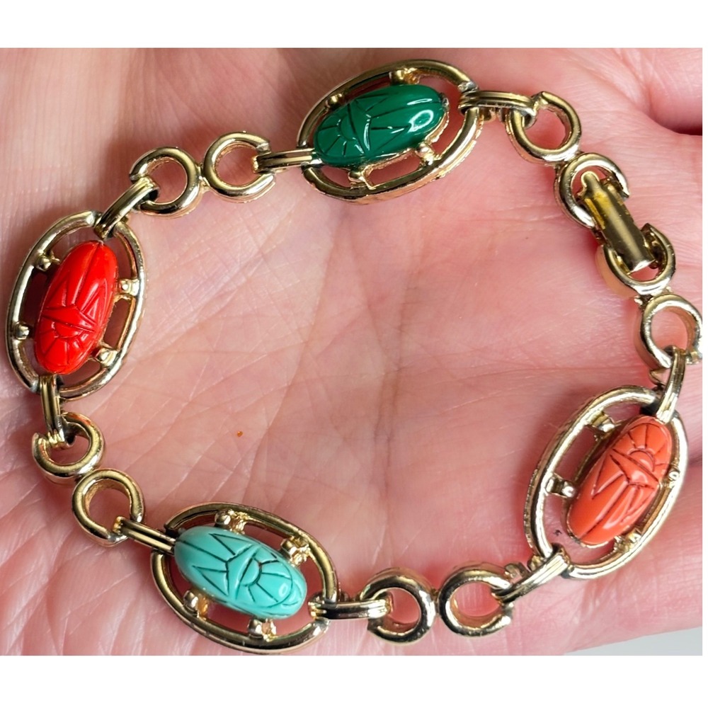 Vintage 1960s Egyptian Revival Scarab Bracelet Multi Color Plastic Carved Link